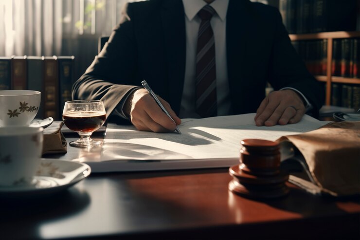 Advocate signing legal documents at his desk.